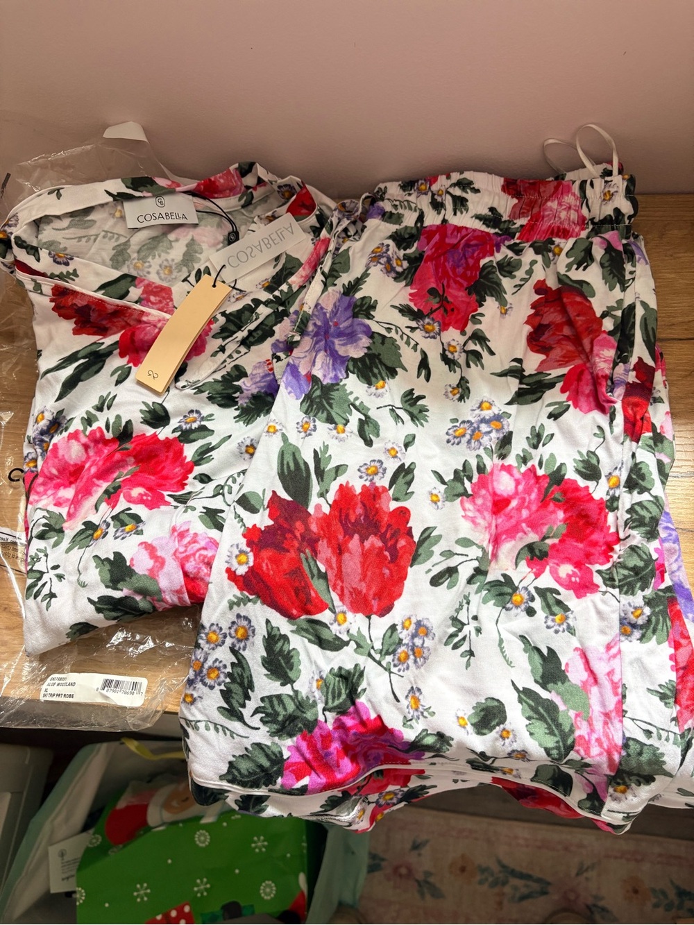 Cosabella White Floral Top with Red, Pink & Purple Blooms